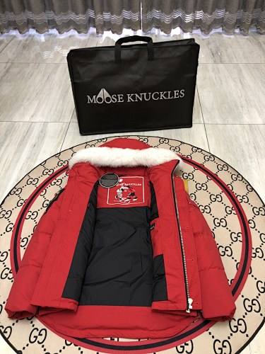 Moose Knuckles Red White Plush-Trim Hooded Quilted Parka