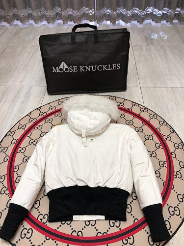 Moose Knuckles Ivory White Pom-Pom Plush-Trim Hooded Bomber Jacket