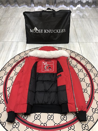 Moose Knuckles Red White Plush-Trim Hooded Bomber Jacket