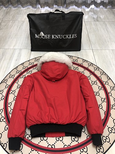 Moose Knuckles Red White Plush-Trim Hooded Bomber Jacket