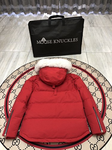 Moose Knuckles Red White Plush-Trim Hooded Quilted Parka