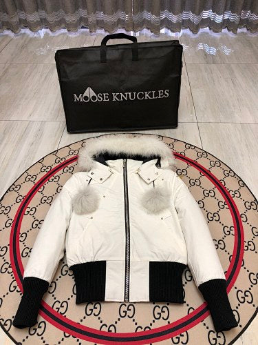 Moose Knuckles Ivory White Pom-Pom Plush-Trim Hooded Bomber Jacket