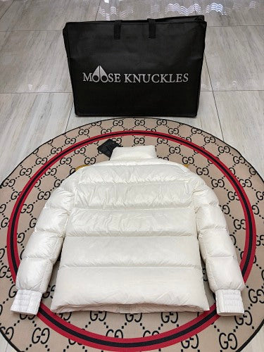 Moose Knuckles White Glossy Stand Collar Quilted Puffer Jacket