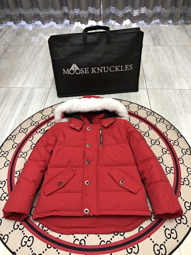 Moose Knuckles Red White Plush-Trim Hooded Quilted Parka