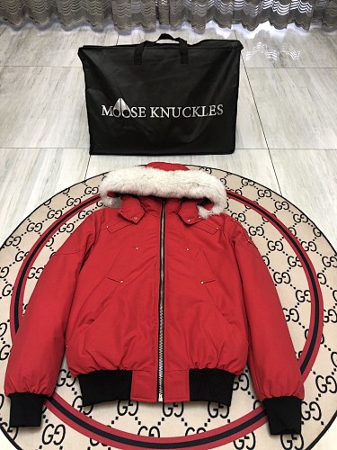 Moose Knuckles Red White Plush-Trim Hooded Bomber Jacket