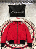 Moose Knuckles Red White Plush-Trim Hooded Bomber Jacket