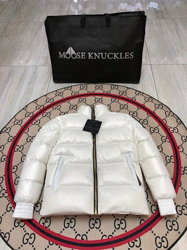Moose Knuckles White Glossy Stand Collar Quilted Puffer Jacket
