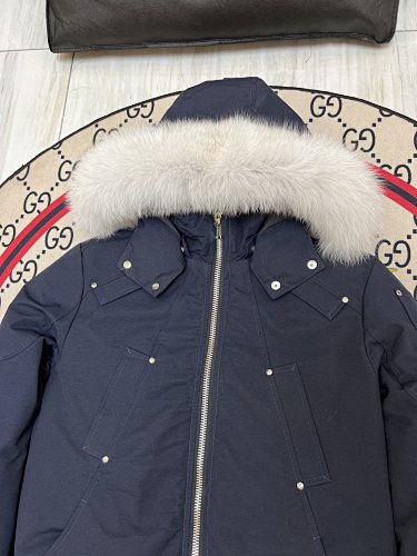 Moose Knuckles Navy Blue White Plush-Trim Hooded Bomber Jacket