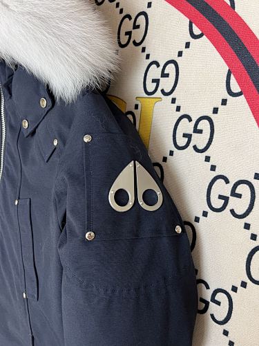 Moose Knuckles Navy Blue White Plush-Trim Hooded Bomber Jacket
