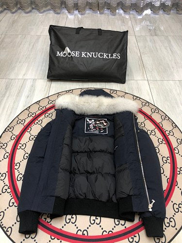 Moose Knuckles Navy Blue White Plush-Trim Hooded Bomber Jacket