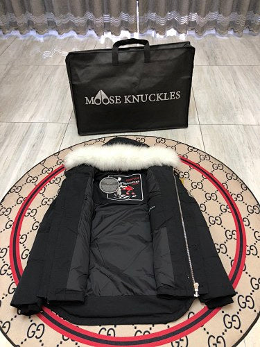 Moose Knuckles Black Plush-Trim Hooded Quilted Parka