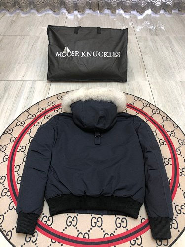 Moose Knuckles Navy Blue White Plush-Trim Hooded Bomber Jacket