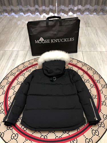 Moose Knuckles Black Plush-Trim Hooded Quilted Parka