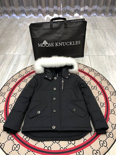 Moose Knuckles Black Plush-Trim Hooded Quilted Parka