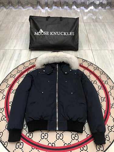 Moose Knuckles Navy Blue White Plush-Trim Hooded Bomber Jacket