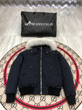 Moose Knuckles Navy Blue White Plush-Trim Hooded Bomber Jacket