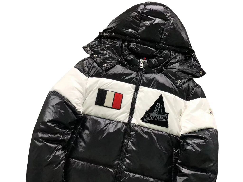 Moncler Black and White Colorblock Glossy Hooded Puffer Jacket
