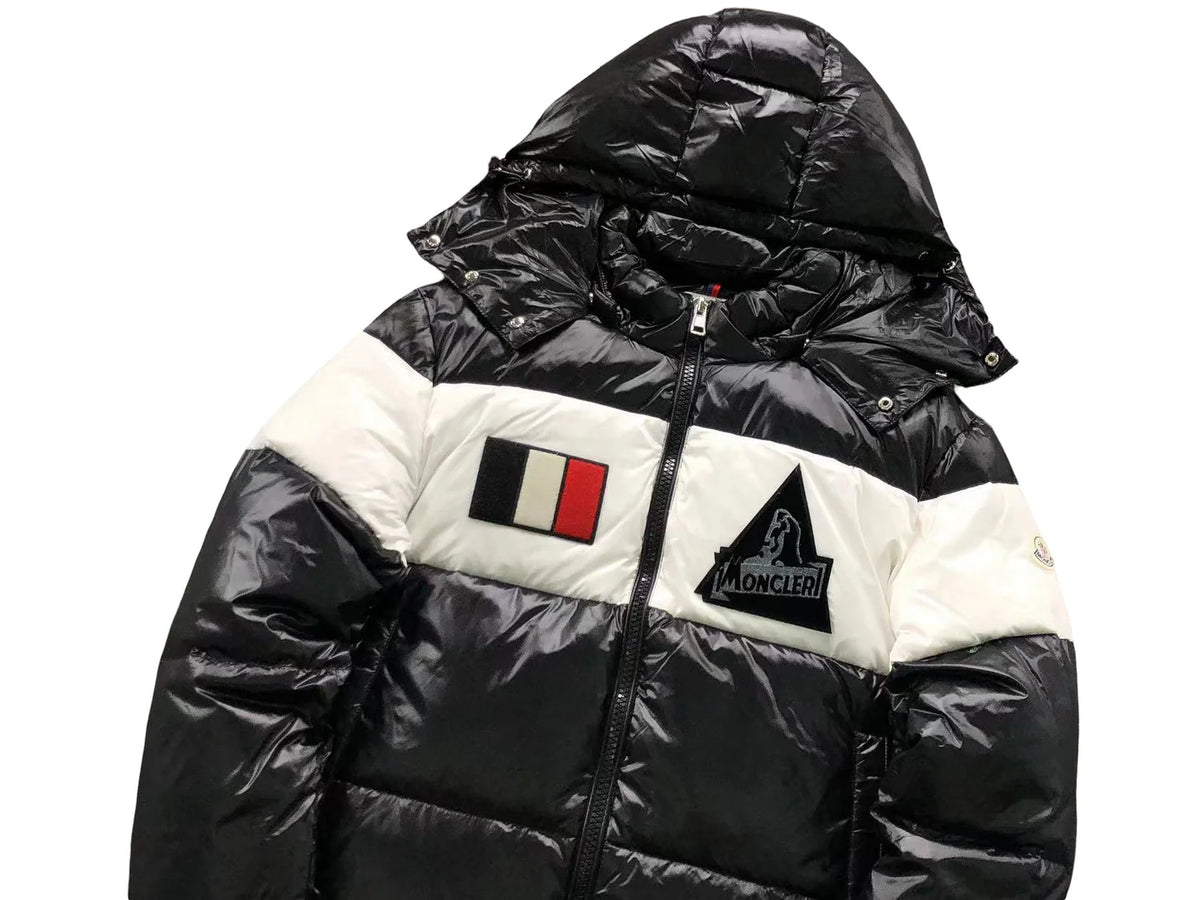 Moncler Black and White Colorblock Glossy Hooded Puffer Jacket