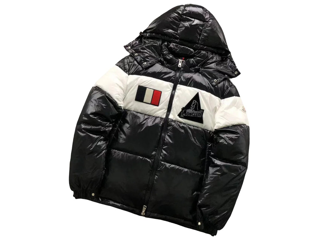 Moncler Black and White Colorblock Glossy Hooded Puffer Jacket