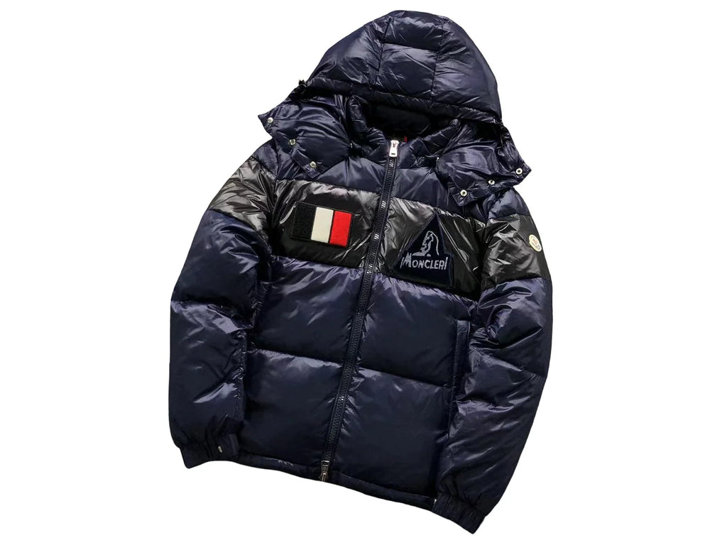 Moncler Navy Blue and Black Colorblock Glossy Hooded Puffer Jacket