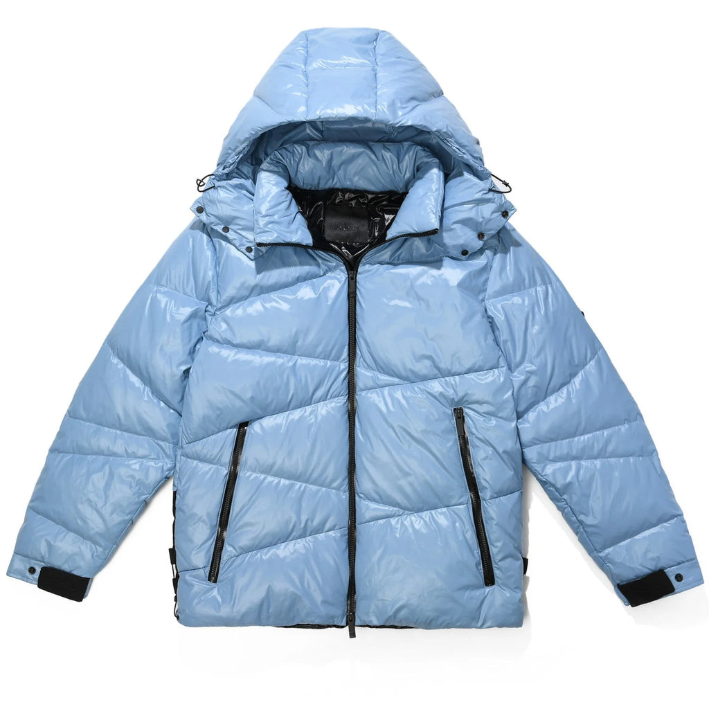 Moncler Light Blue and Black Asymmetric Quilted Hooded Puffer Jacket