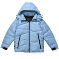 Moncler Light Blue and Black Asymmetric Quilted Hooded Puffer Jacket