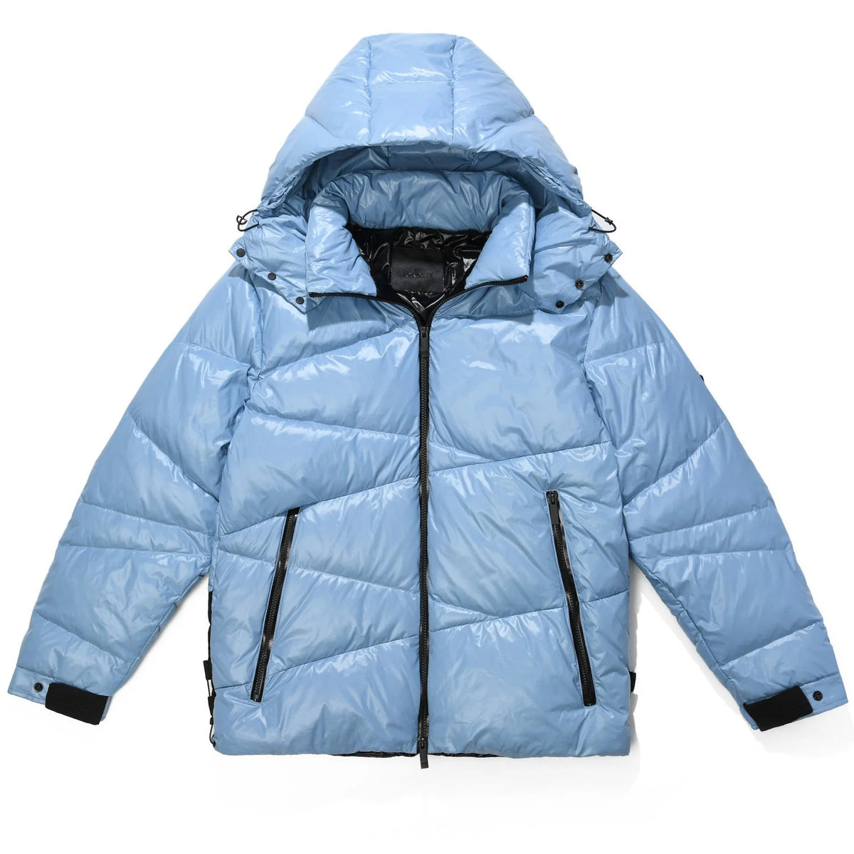 Moncler Light Blue and Black Asymmetric Quilted Hooded Puffer Jacket