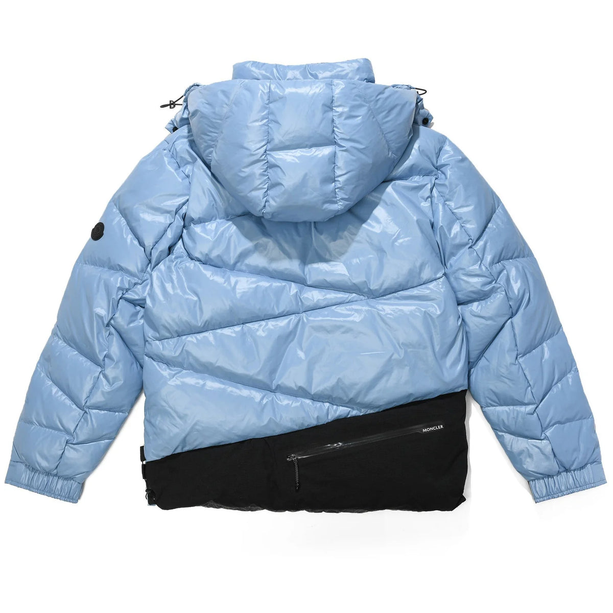 Moncler Light Blue and Black Asymmetric Quilted Hooded Puffer Jacket