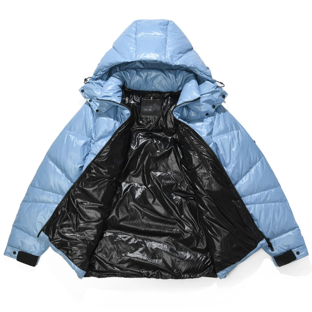 Moncler Light Blue and Black Asymmetric Quilted Hooded Puffer Jacket