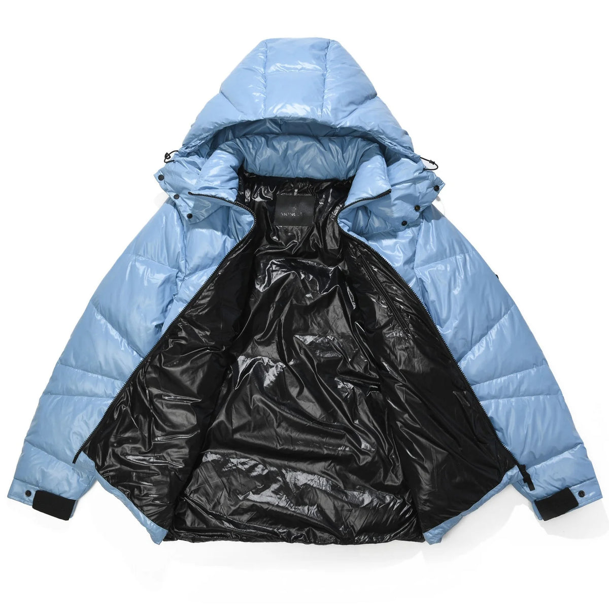 Moncler Light Blue and Black Asymmetric Quilted Hooded Puffer Jacket