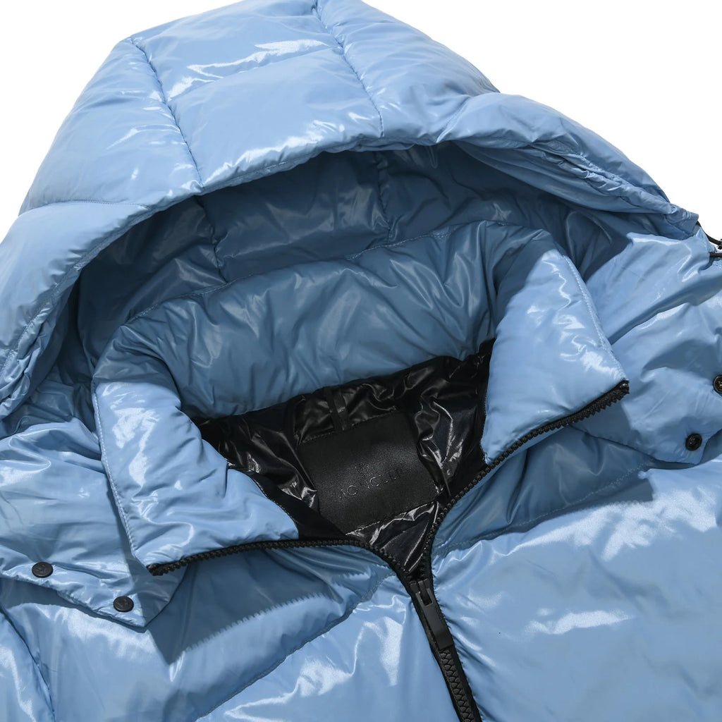 Moncler Light Blue and Black Asymmetric Quilted Hooded Puffer Jacket