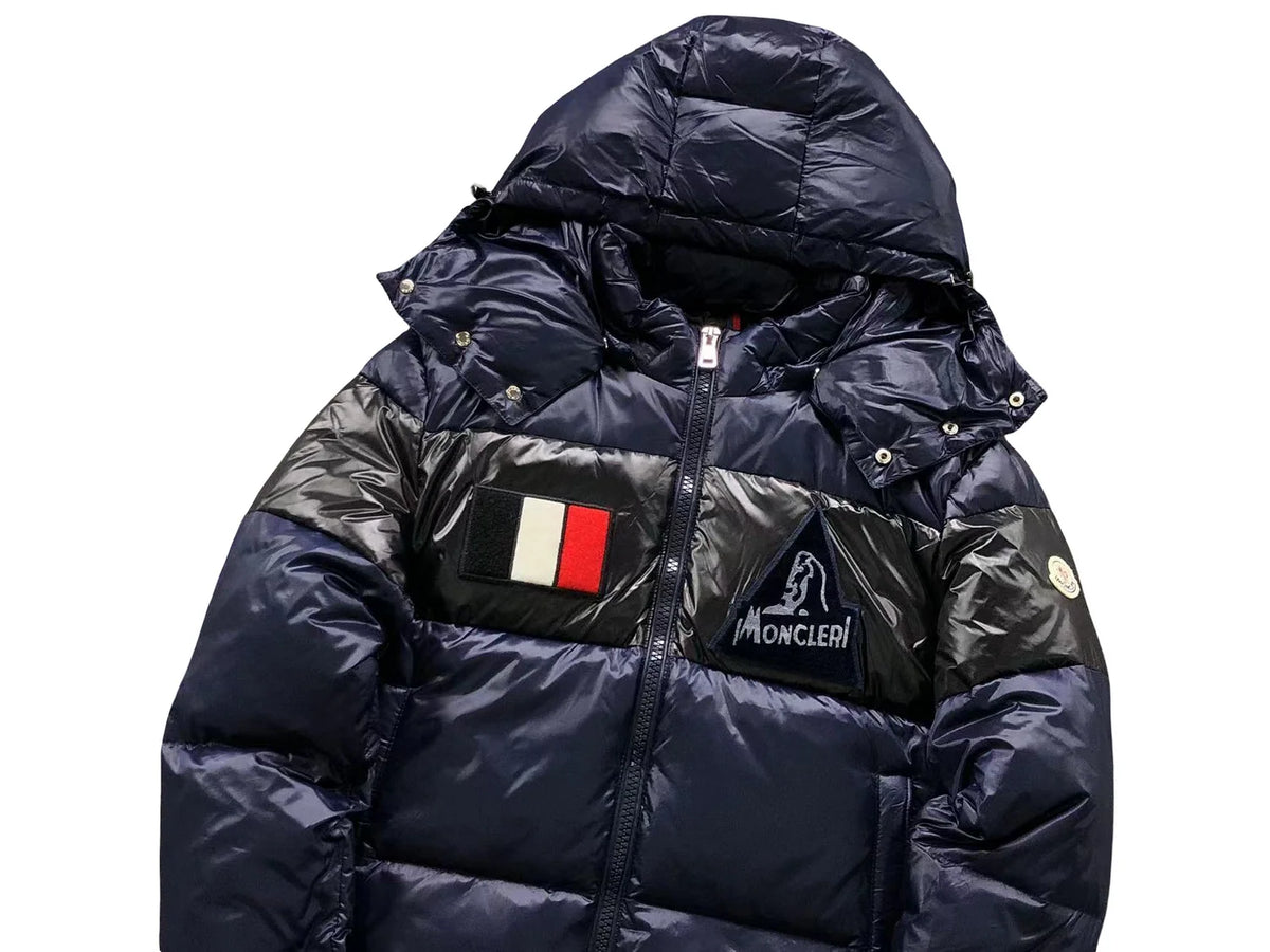 Moncler Navy Blue and Black Colorblock Glossy Hooded Puffer Jacket