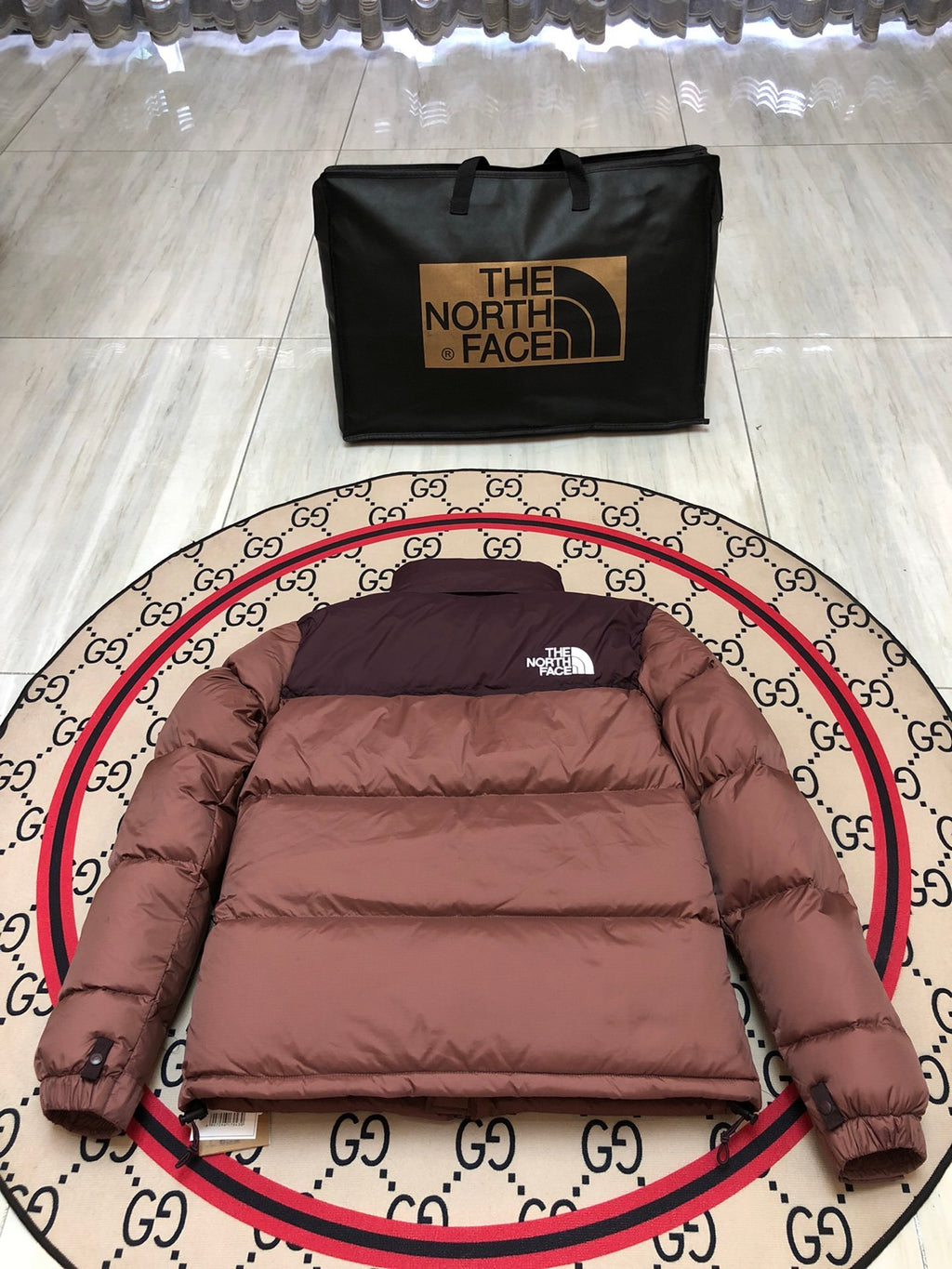 The North Face Rose Brown and Burgundy Colorblock Puffer Jacket