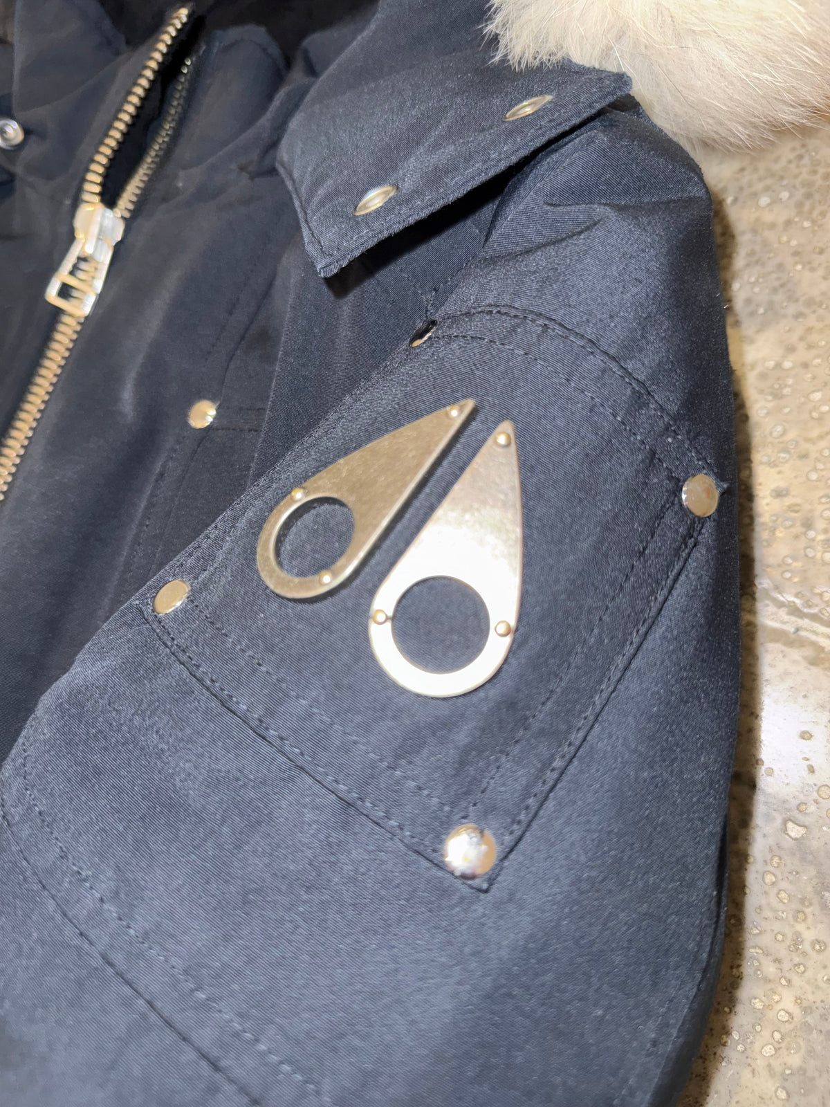 Moose Knuckles Navy Blue White Plush-Trim Hooded Bomber Jacket