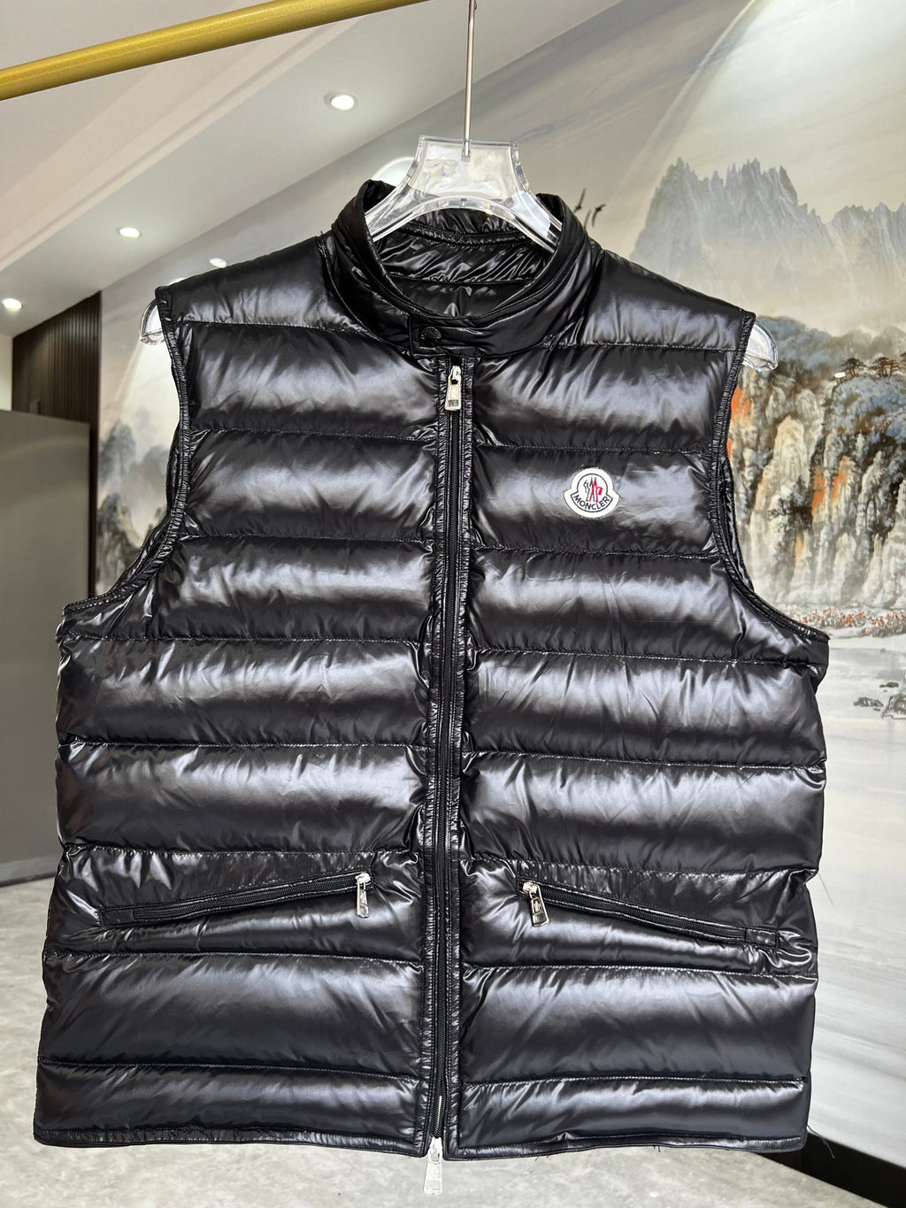 Moncler Black Glossy Stand Collar Quilted Puffer Vest
