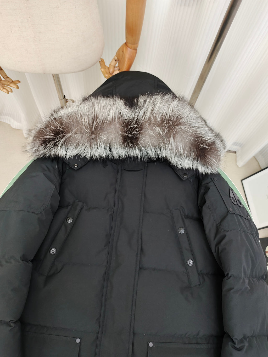 Moose Knuckles Black Plush-Trim Hooded Long Puffer Parka