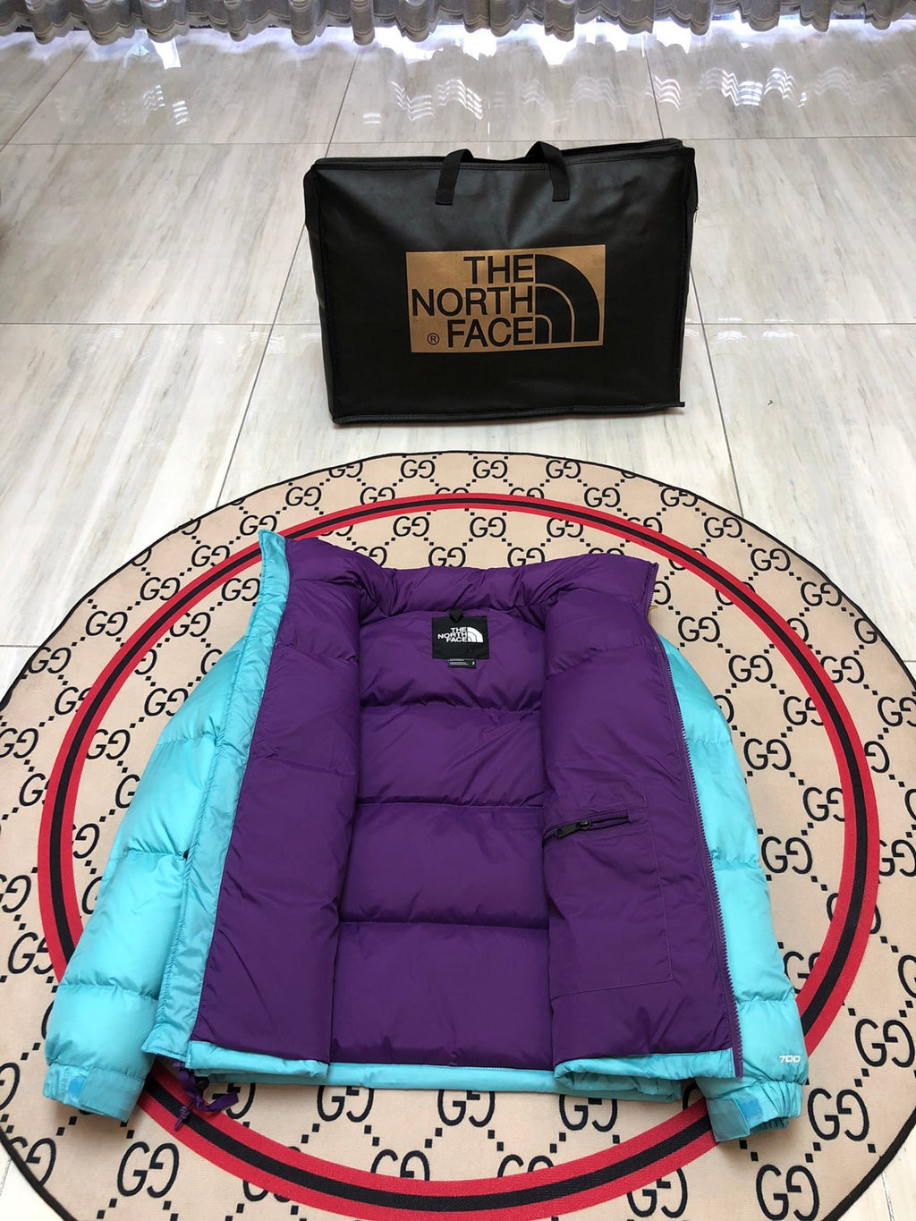 The North Face Turquoise Blue and Purple Colorblock Puffer Jacket