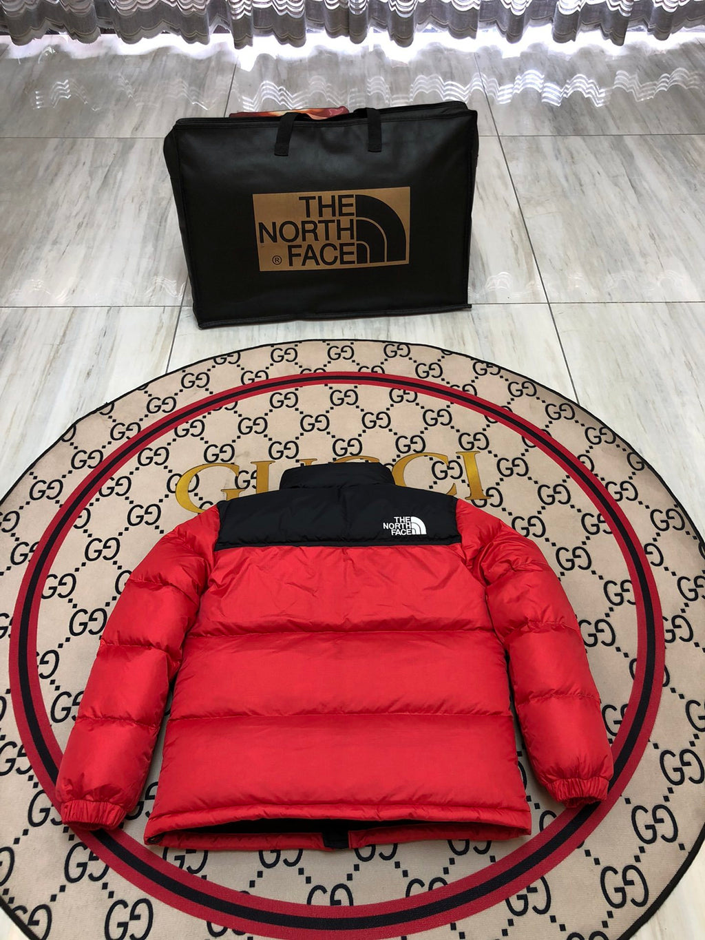 The North Face Red and Black Colorblock Puffer Jacket