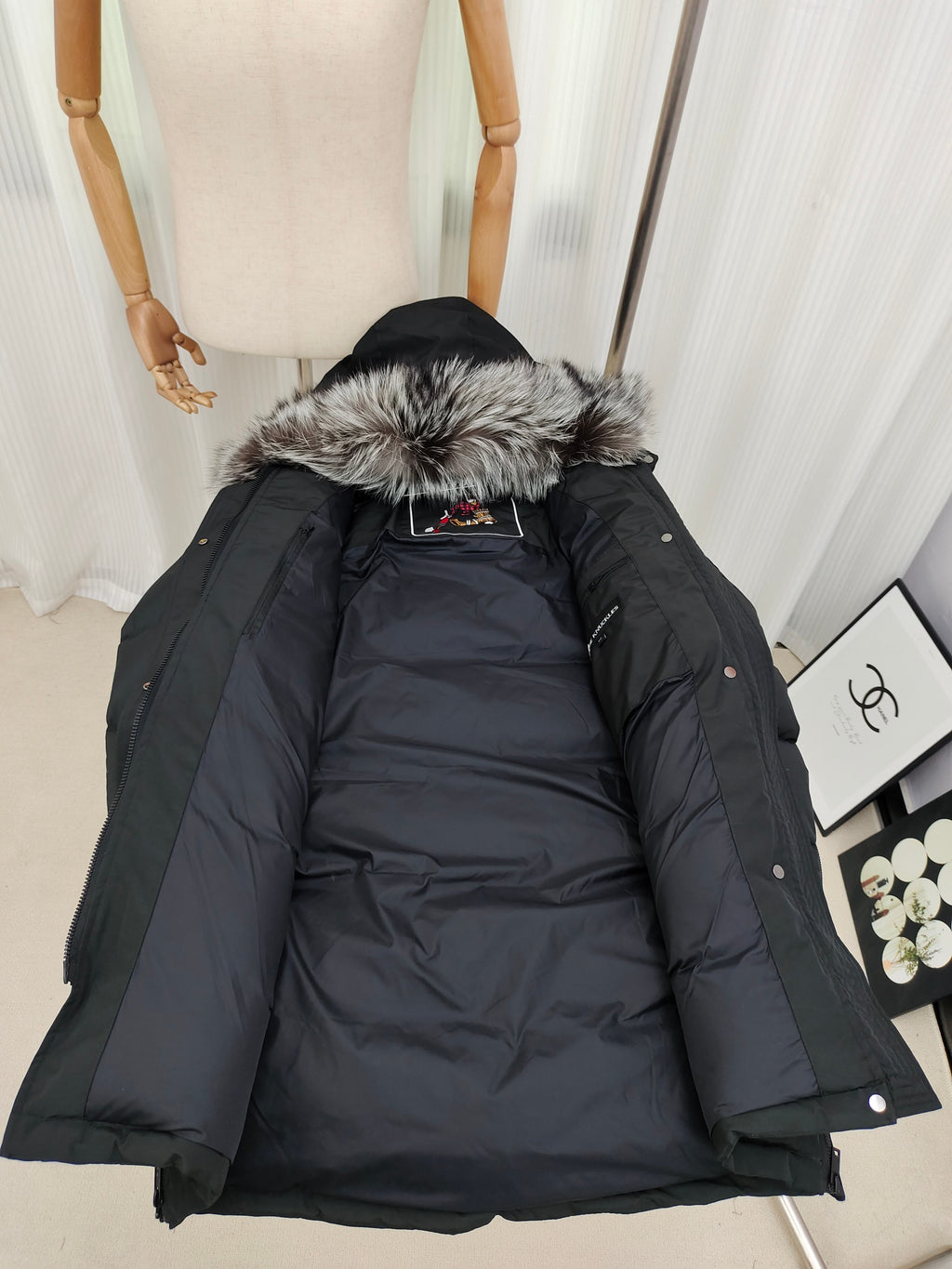 Moose Knuckles Black Plush-Trim Hooded Long Puffer Parka