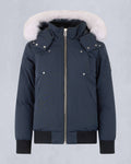 Moose Knuckles Navy Blue White Plush-Trim Hooded Bomber Jacket