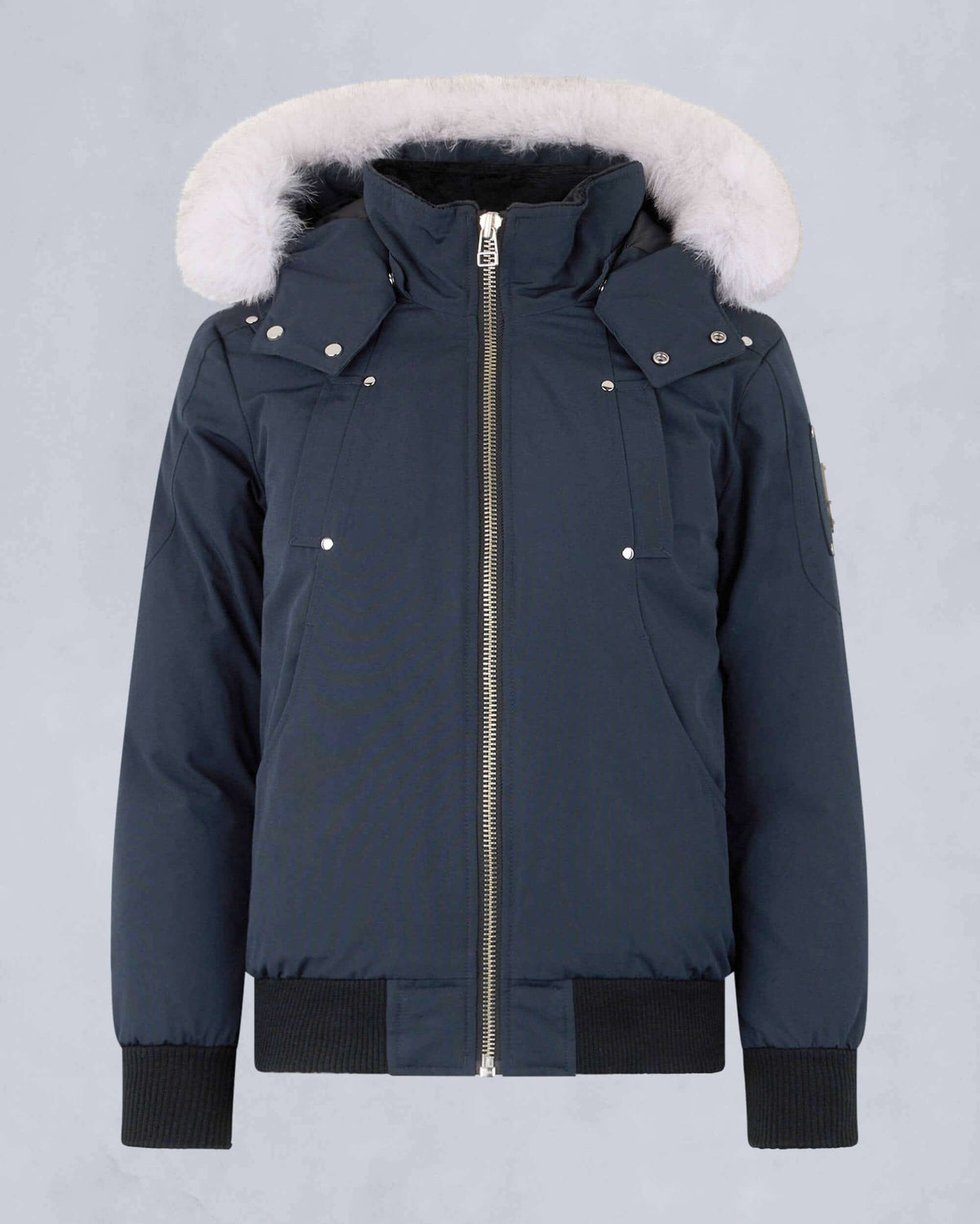 Moose Knuckles Navy Blue White Plush-Trim Hooded Bomber Jacket