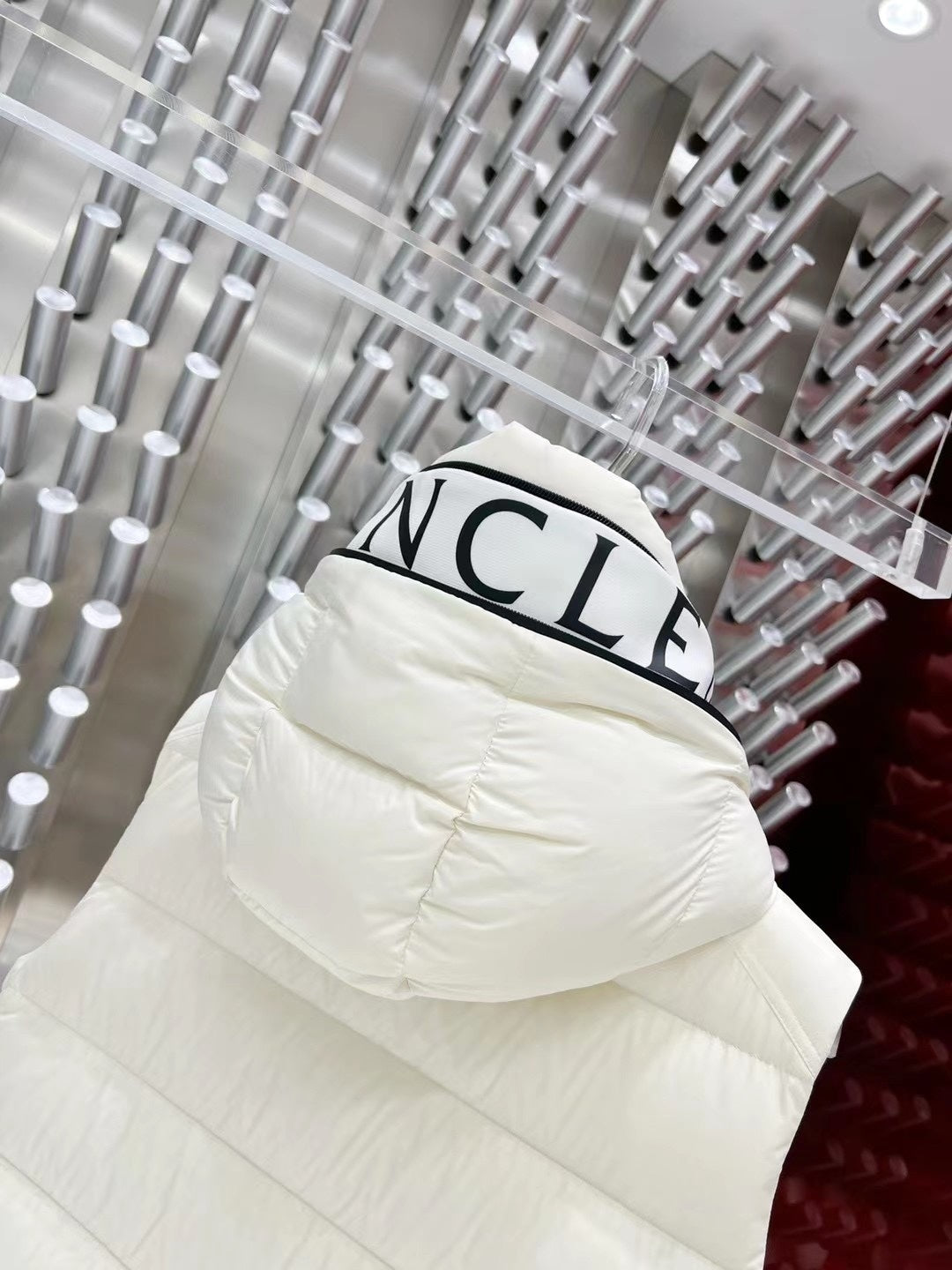 Moncler Ivory White Logo Hood Quilted Puffer Vest