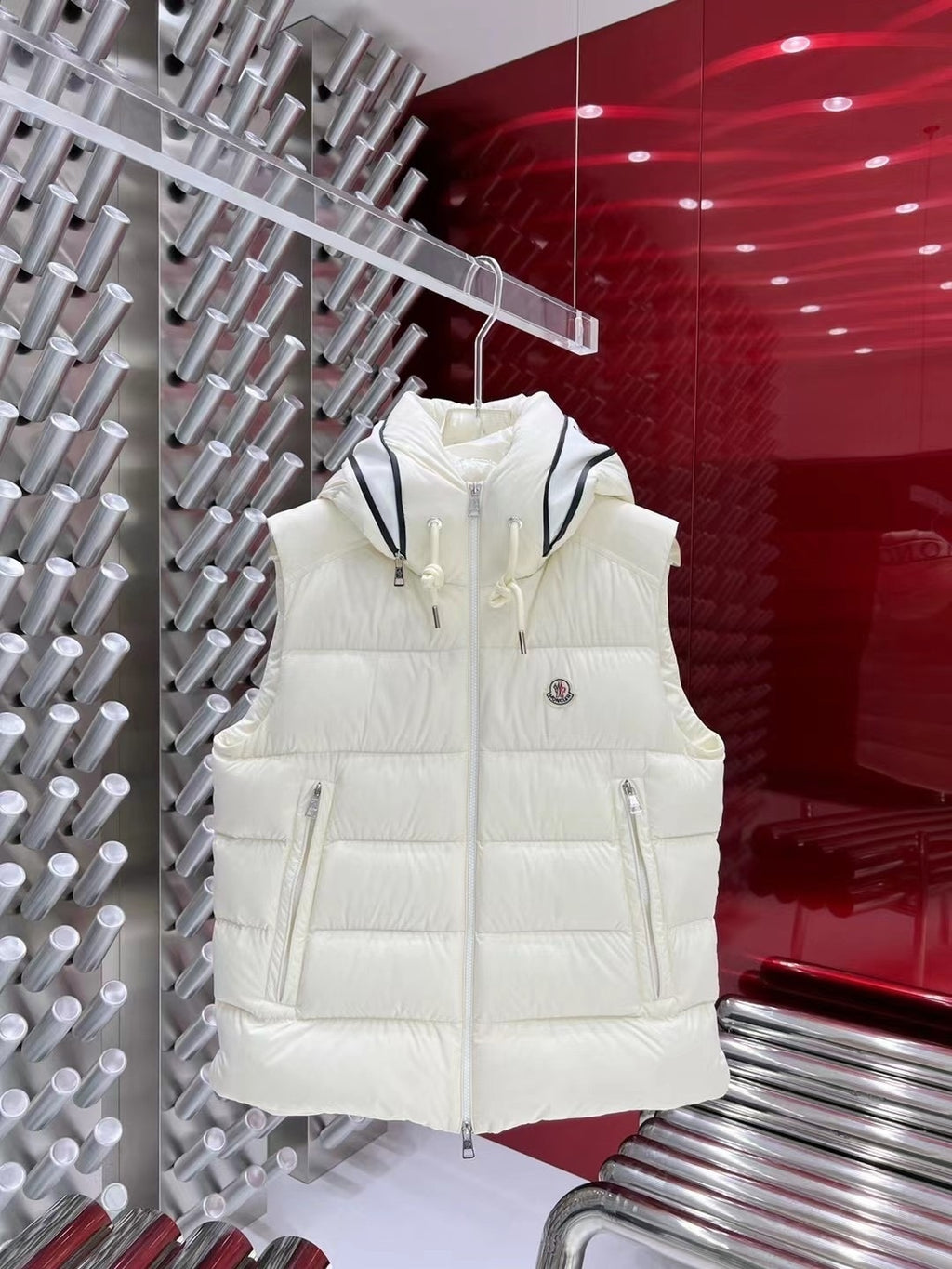 Moncler Ivory White Logo Hood Quilted Puffer Vest
