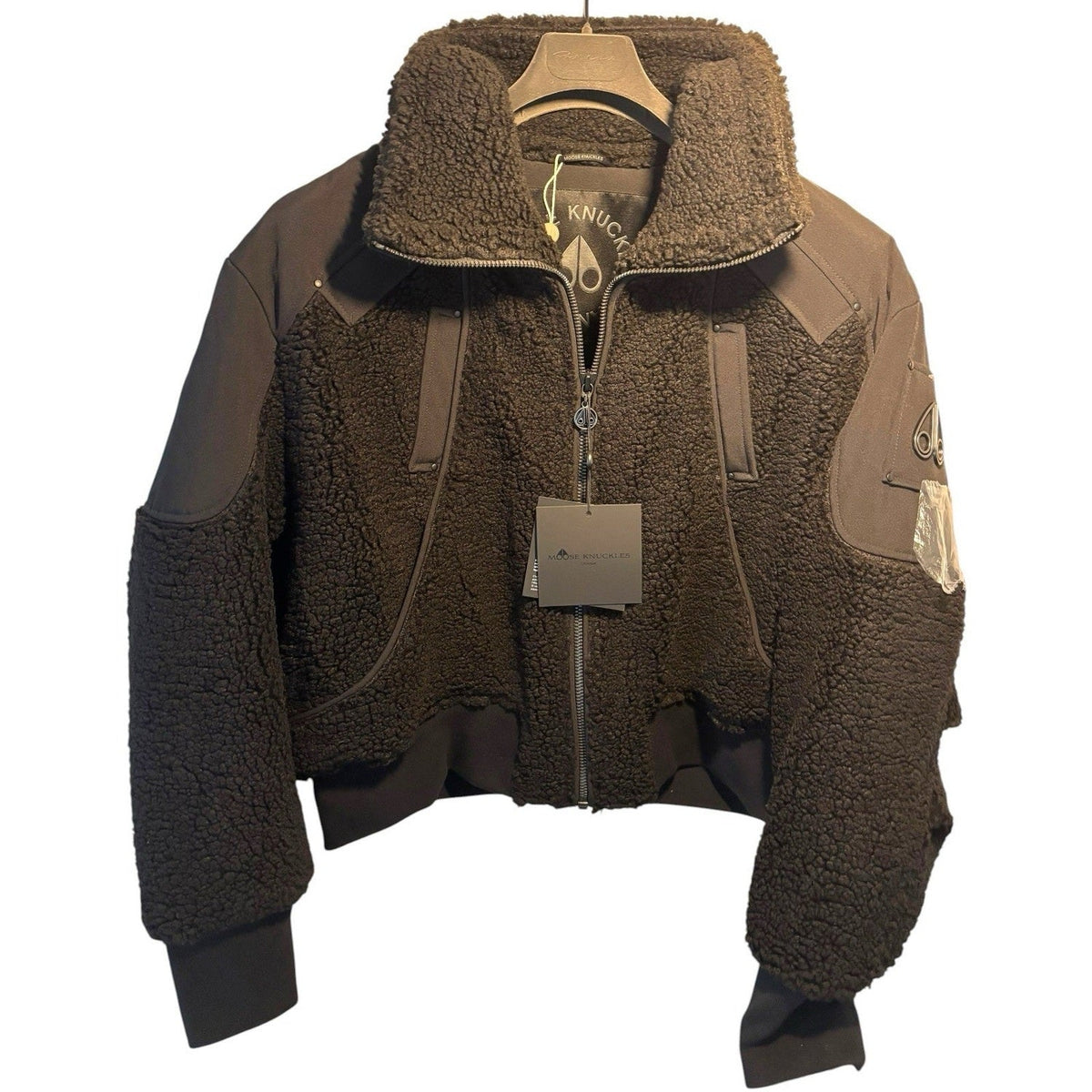 Moose Knuckles Dark Brown Mixed-Panel Teddy Fleece Bomber Jacket