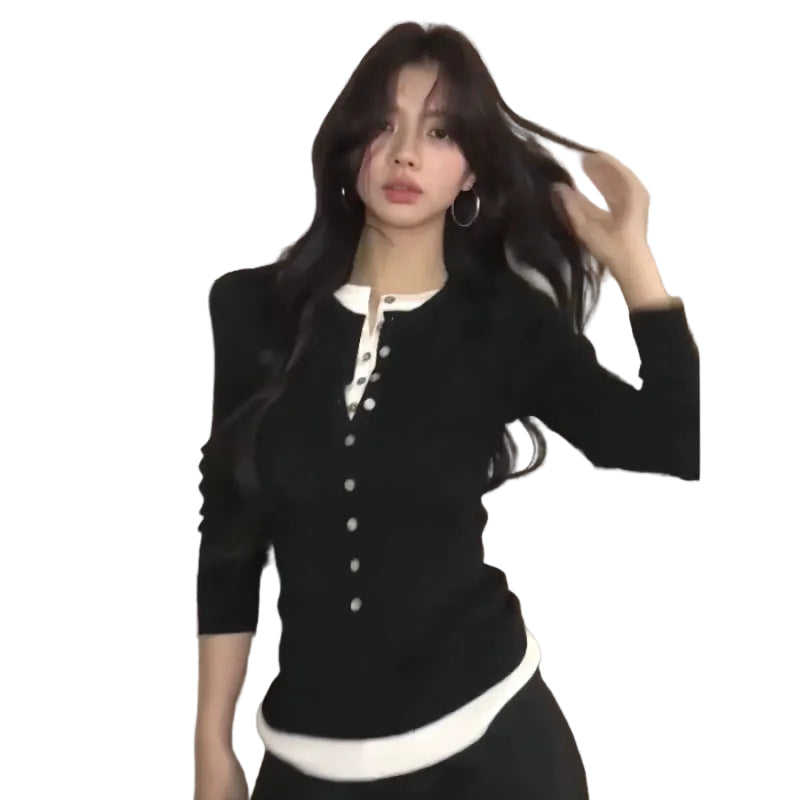 Mock Two‑Piece Button Slim Knit Long Sleeve Top Korean Fall Sweater