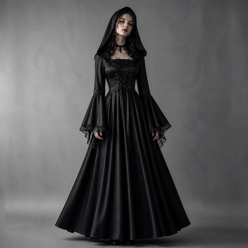Halloween Women Medieval Gothic Hooded Witch Cosplay Long Dress