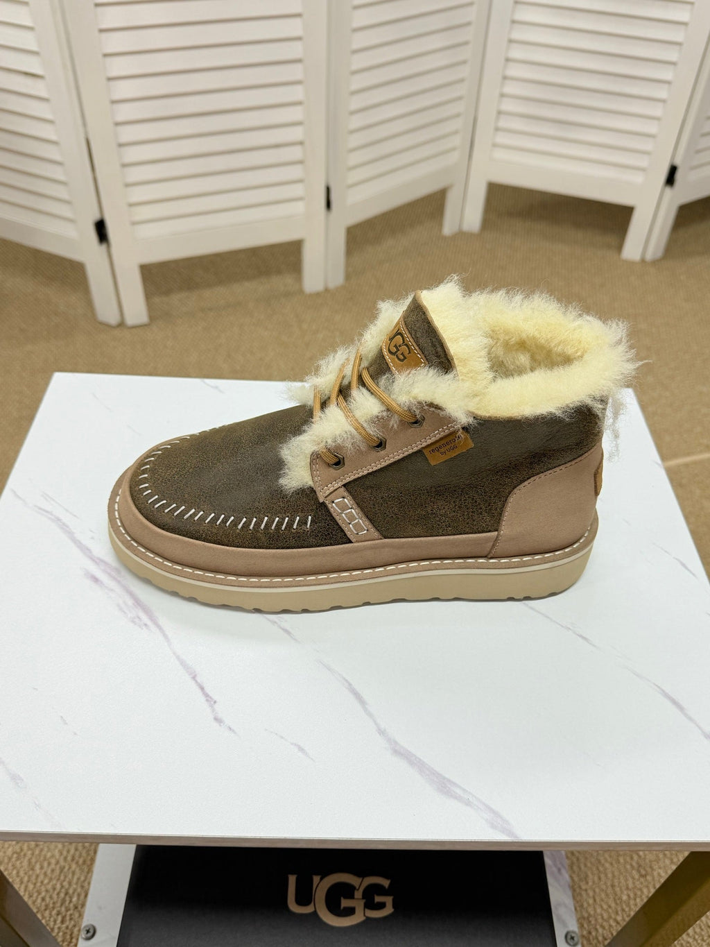UGG Taupe Shearling-Collar Leather Boots