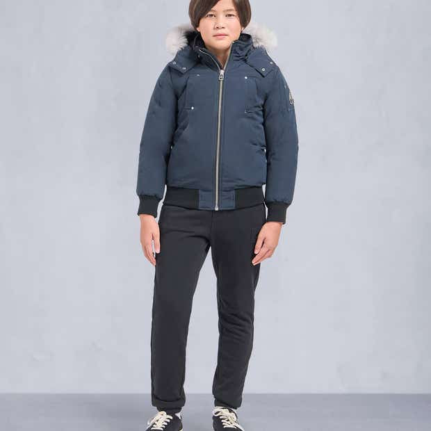 Moose Knuckles Navy Blue White Plush-Trim Hooded Bomber Jacket