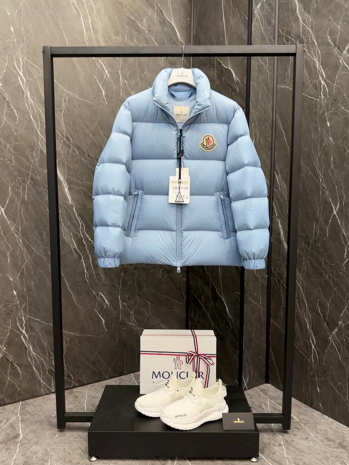 Moncler Light Blue Stand Collar Quilted Puffer Jacket