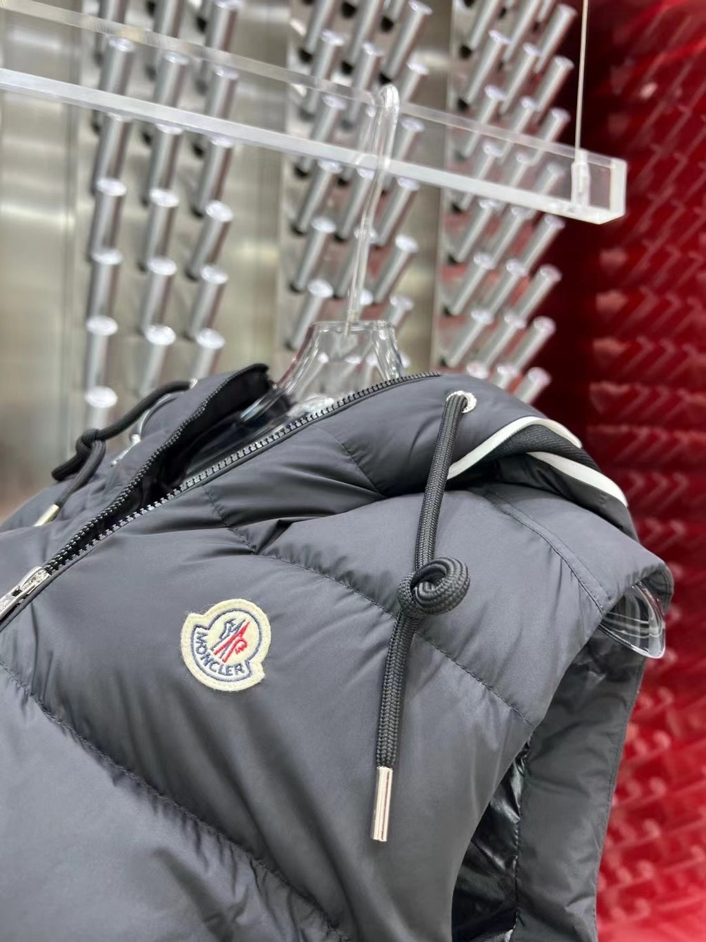 Moncler Charcoal Gray Logo Hood Quilted Puffer Vest